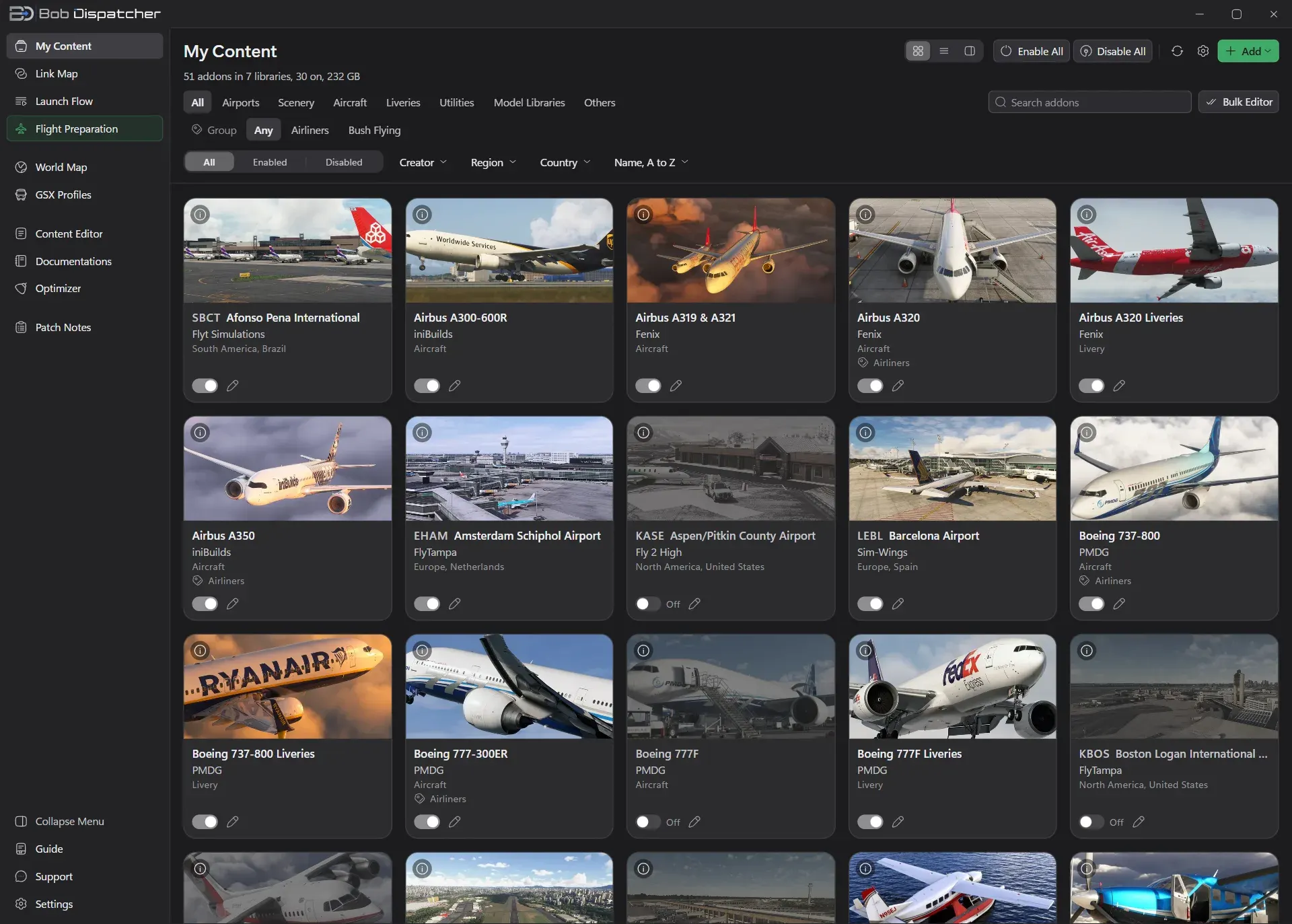 My Content in Bob Dispatcher: 51 addons in 7 libraries shown as picture cards, such as the Fenix A320, the PMDG 737-800 and Amsterdam Schiphol, each with an on or off switch.